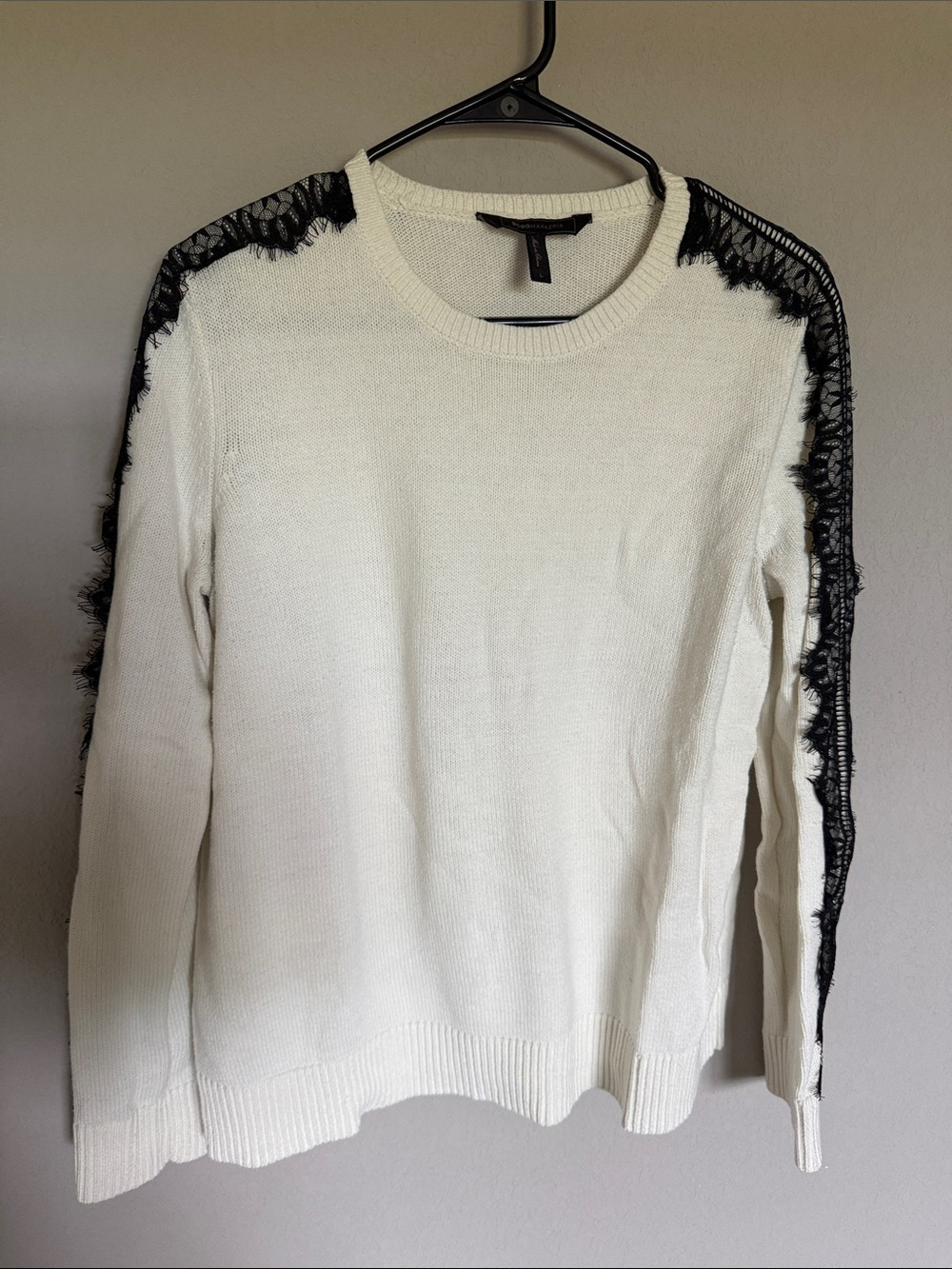 BCBGMaxAzria Cream Crewneck Sweater with Black Lace Trim